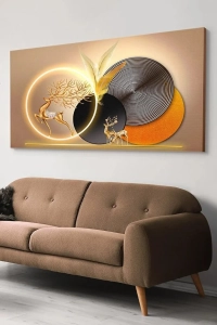 Gold Geyik Yuvarlak Desenler Tek Parça Işıksız Kanvas - Canvas Tablo